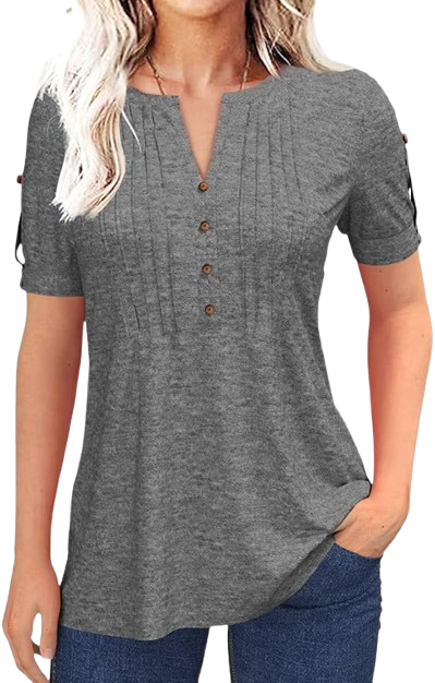 V-Neck Pleated Tee with Zipper Details