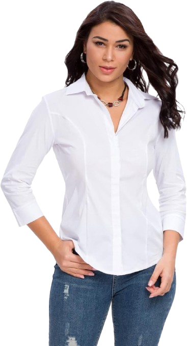 Three-Quarter Sleeve Button-Up Stretch Blouse